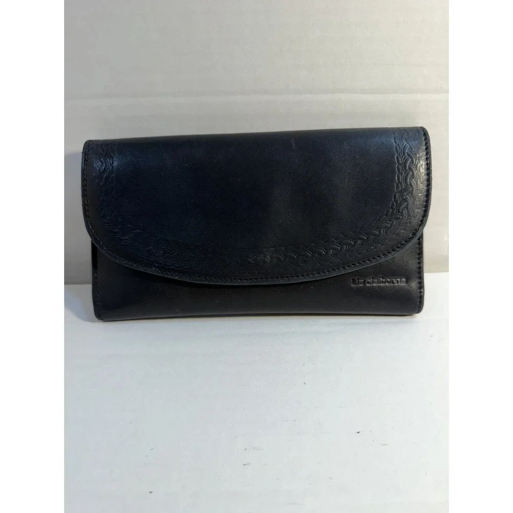 Vintage Liz Claiborne‎ Black Leather Clutch Wallet Embossed Braiding Flap